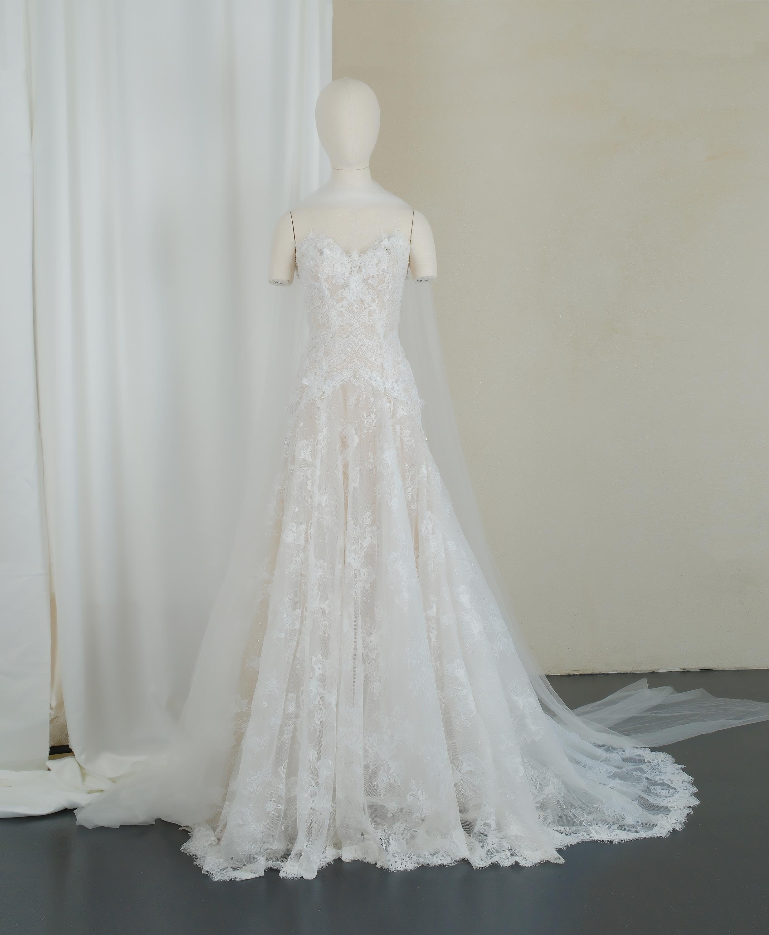 sachin and babi light blue dress Sophisticated Mikado satin & lace hi low drop waist wedding dress