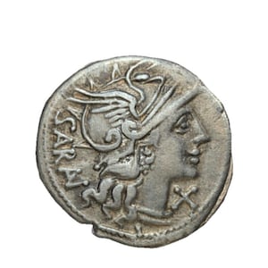 May include: A silver coin featuring a profile of a woman with ornate headwear and the inscription "SARAI" along the edge. The coin has a detailed design with a cross symbol and a winged serpent.