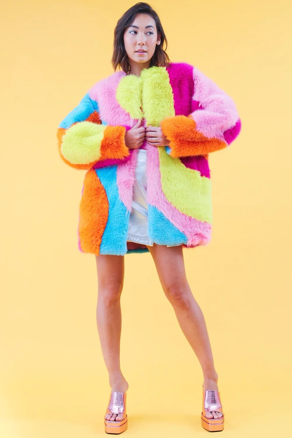 Faux Fur Multi Color Short Coat-Prismatic