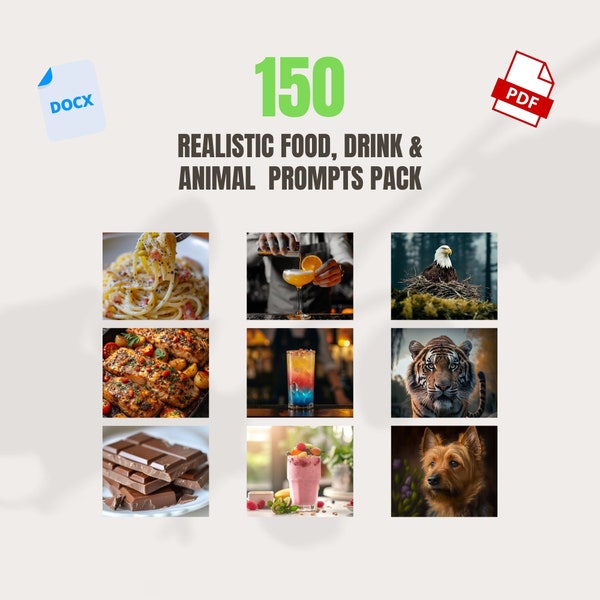 150 Hyper Realistic MidJourney Prompts Pack | Food, Drink & Animals AI Art, Digital Art, AI generator, Real Life Images, Prints pdf, docx