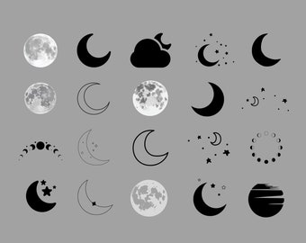 20 Moon Celestial Design Bundle, Moons Clip Art, Moon Designs, Cut Files, png, jpg, svg, Digital Download, Transparent Background,  5K Res