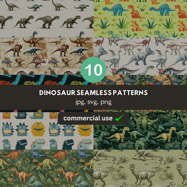 10 Seamless Dinosaur Patterns, High Quality, Print on Demand, JPG PNG SVG, 4k Res Wallpaper, Prehistoric Dino Raptor Kids, Commercial Use