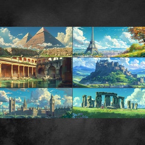 6 World Landmark Digital Artwork Bundle, Historical Art, Studio Ghibli Style, Anime Cartoon, png, jpg, svg, Wallpaper, Background, 4K