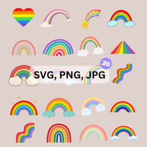 20 Colorful Rainbow Design Bundle, Rainbow Clip Art, Cut Files, png, jpg, svg, Digital Download, Transparent Background,  5K, Drawings