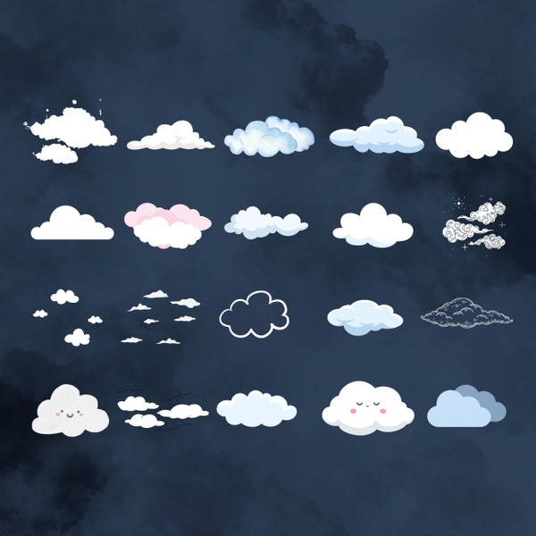 20 Clouds Sky Design Bundle, Cloud Clip Art, Cloud Designs, Cut Files, png, jpg, svg, Digital Download, Transparent Background,  5K Res