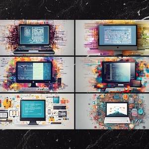 May include: A collage of six images depicting different computer devices, each with code displayed on the screen. The images are set against a background of colorful abstract patterns and digital elements.