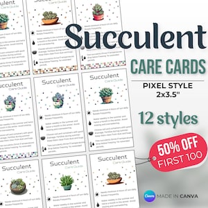 Succulentenverzorgingskaart, plantenkaart, plantenlabel, miniverzorgingskaarten, onderhoudsgids, verzorgingstips, plantenverzorging, kamerplantverzorging, kamerplant, pixelstijl