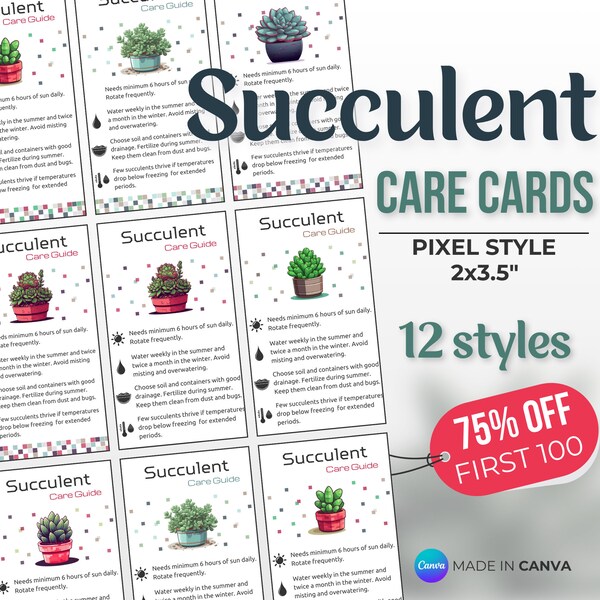 Succulent Care Card, Plant Card, Mini Care Cards, Plant Label, Care Guide, Care Tips, Plant Care, Houseplant Care, Indoor Plant, Pixel Style