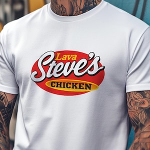 Steve&#39;s Lava Chicken Shirt, Funny Gamer Tee, Unisex Retro Style T-Shirt, Geeky Gift for Him, Parody Food Shirt, Pixel Art Humor Tee