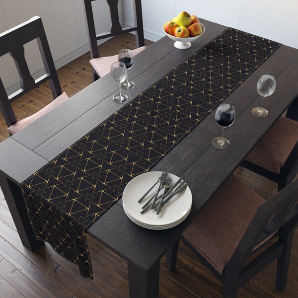 Black and Gold Table Runner, Dining, Kitchen Decor, Modern, Cotton Fabric, Polyester Fabric, Housewarming, Gift for Mom