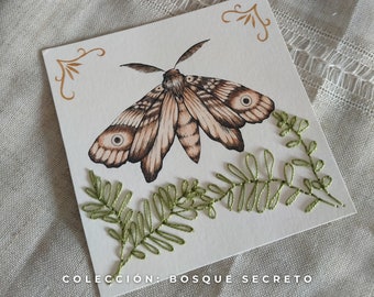 Original Watercolor and Embroidery Illustration - Secret Forest: Moth - Unique Design