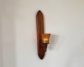 Vintage MCM bois bougie en verre ambré applique murale, photophore mural, Mid-Century moderne, décoration d'intérieur, applique en verre ambré