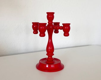 Vintage Red Swedish Candlestick Wooden Candelabra 5 Candles Scandinavian Wood Bright Red Candleholder, Mid Century Modernism Shelf Mantle