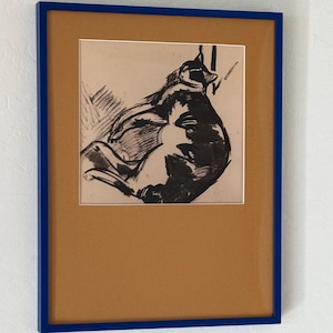 1915 "Cat Lying" in Dark Blue Frame Custom Ochre Art Mat Giclee Fine Art Print Illustration Calico Cat Blue Calico Art Black Sketch Art