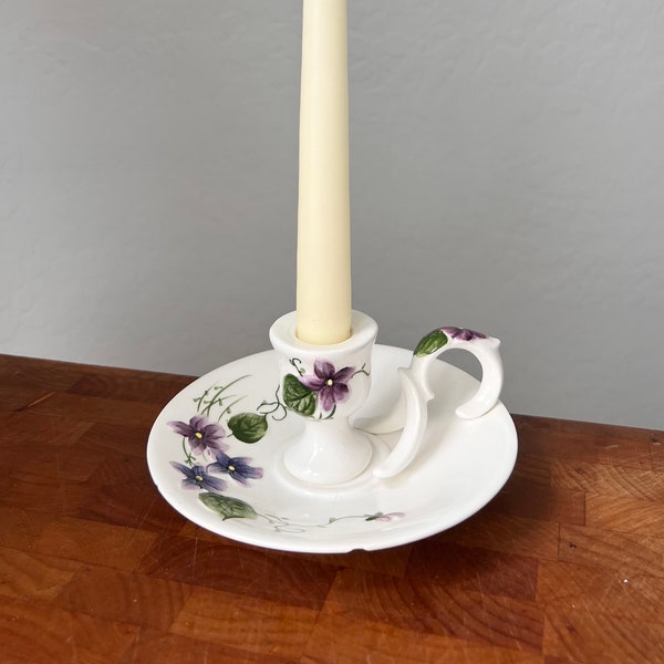 Vintage Lefton Sweet Violets 2879 Japan Porcelain Ceramic Taper Candle Holder  Handle Handpainted Flowers Portable Candlestick Home 1960s