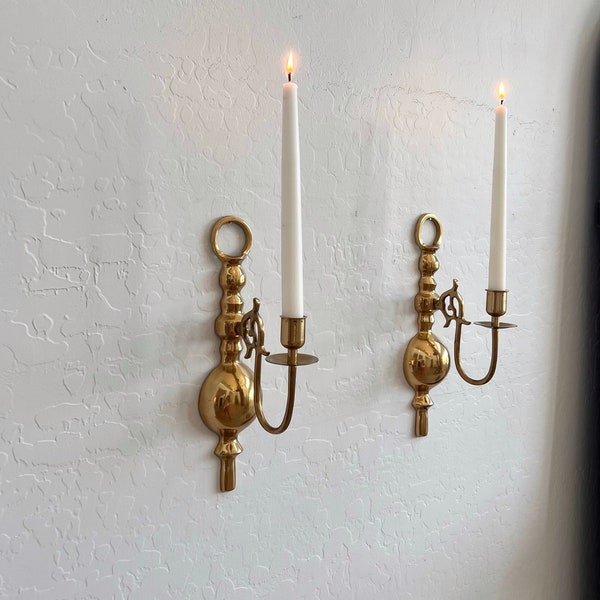 1 or 2 Solid Brass Vintage Single Candle Wall Sconce, Standard Taper Holder Candlesticks, Candelabra, Hanging Wall Hook, Home Decor, French