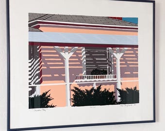 1987 "Shadow Play" di Bob Einfrank Serigrafia firmata Originale Grande cornice in metallo Arte vintage Architettura Urbana Serigrafia vintage