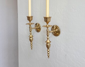 1 or 2 Brass Vintage Tall Solid Heavy Candle Wall Sconces Standard Taper Candlesticks, Beautiful Gold Details, Hanging Wall Hook, Home Decor
