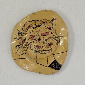 Art Plate Abstract Floral Hand Painted Wall Hanging Cubism Picasso Style Home Decor Organic Unique Contemporary Wall Art Hook Included