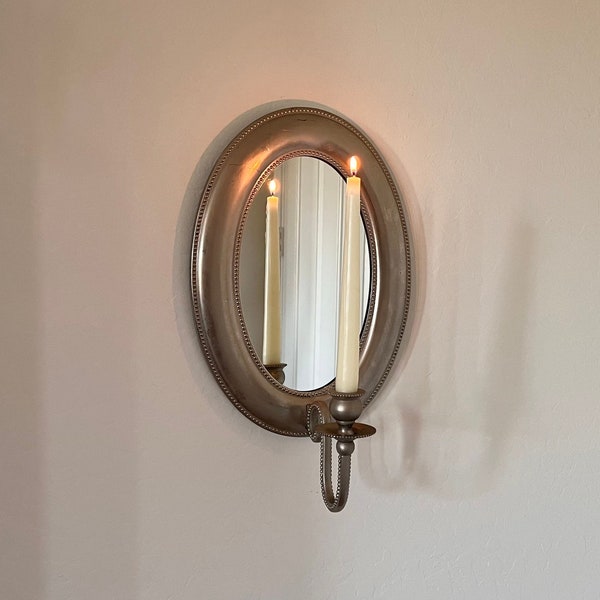 Vintage Oval Mirror with Wall Hanging Candle Sconce, Silver Candlestick Wall Taper Holder, Home Decor, Pewter Candle Sconce