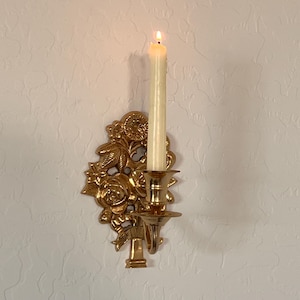 Vintage French Solid Brass Wall Hanging Candle Sconce with Roses and Flower Details, Candlestick Standard Single Taper Holder Floral Design