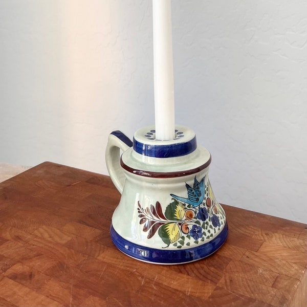 Vintage Tonala Ceramic Portable Taper Candle Holder, Signed, Mexican Flower Bird Original Handmade Candlestick Hand Painted Mexico Blue