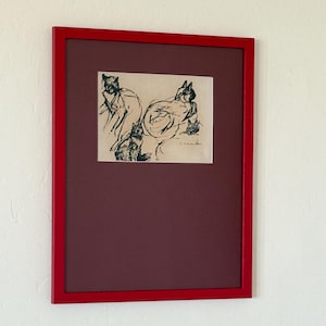 Early 1900s "Cats" Framed Fine Giclee Print in Monochrome Red Frame Custom Burgundy Mat Still Life Illustration Cat Art Wall Sketch