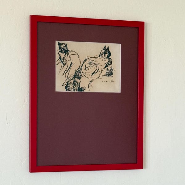 « Chats » du début des années 1900, encadré, impression jet d'encre fine dans un cadre rouge monochrome, tapis bordeaux personnalisé, illustration de la nature morte, croquis mural d'art de chat