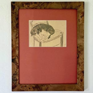 "Gato durmiendo en una silla" de Jane Poupelet, década de 1900, en marco de madera de nogal, con tapete de arte personalizado, impresión Giclée, ilustración de gato calicó rojo.