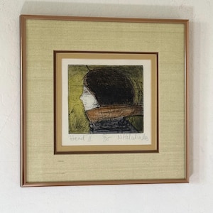 Vintage Original Etching "Head II" Modernist Artist Signed Original Intaglio Figure Portrait Art Small Framed Woman Abstract Art 11x11