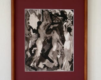 May include: A framed art print featuring a black and white monochromatic illustration of three figures standing in a landscape. The artwork is set within a deep red mat and enclosed in a rectangular wooden frame with a smooth, polished finish.