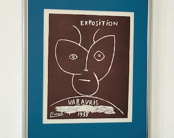 "Vintage Picasso ""Exposition Vallauris"" authentische Lithographie 1959 Silber Vintage Metallrahmen Abstrakte Kunst Lithographie Poster Braun MCM