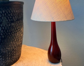 Vintage Walnut Lamp, Modernist Danish Mid Century Table Desk Lamp, MCM, Dark Solid Wood, Teardrop Shape, Optional Cream Linen Drum Shade