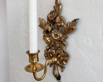 Antique Solid Brass, Roses and Bow Single Candle Wall Hanging Sconce Candlestick Standard Taper Holder, Beautiful Statement Piece, Parisian