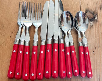 Classic Red Handle Vintage Flatware 12 Piece Vintage Stainless Steel Set WF Mardi Gras Style Korea Mid Century Modern MCM, Lifetime