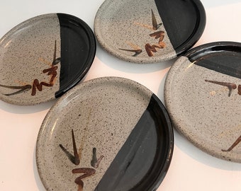4 Vintage Stoneware Plates, Signed, Abstract Handpainted Design, Mid Century Modern Studio Pottery, Modernist Decor, Black Brown Salad Plate