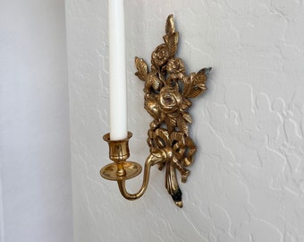 Antique Solid Brass, Roses and Bow Single Candle Wall Hanging Sconce Candlestick Standard Taper Holder, Beautiful Statement Piece, Parisian