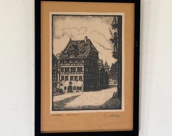 Vintage "Nuremberg" Original Signed Wood-cut Framed Architectural European Street Art A. Schwarz, Black Minimal Frame Small Art Woodblock