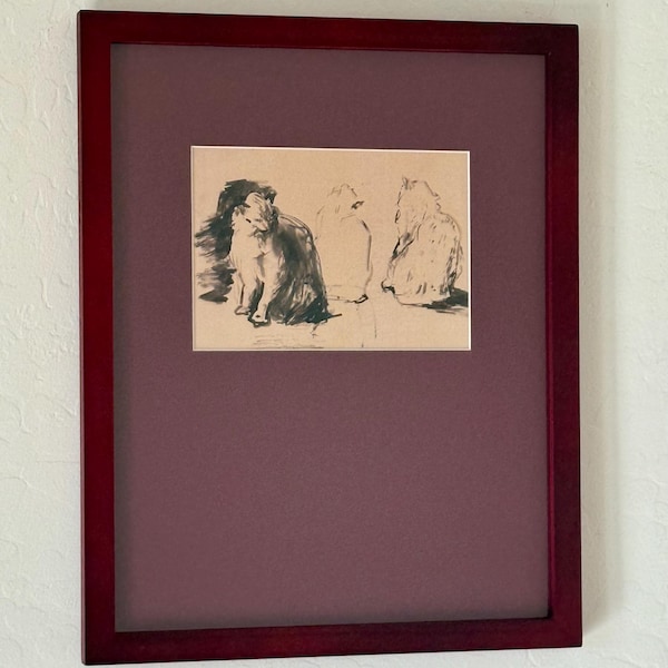 19th Century France "Cats" Framed Fine Giclee Print in Monochrome Burgundy Frame Custom Mat Still Life Illustration Cat Art Wall Sketch Ink