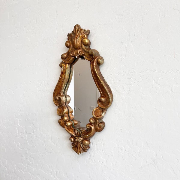 Vintage Italian Small Accent Mirror, Late 20th Century Gilded Gilt Wall Hanging Decor Mirror, Gold Delicate Ornate Scrolled Frame Detail