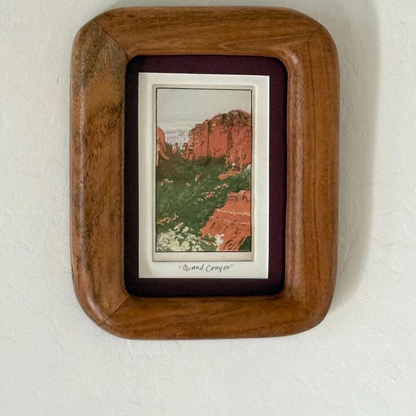 Vintage "Grand Canyon" Etching Intaglio Small Chunky Wood Frame Art Wall Hanging Matted Art MCM Arizona Framed Art Landscape
