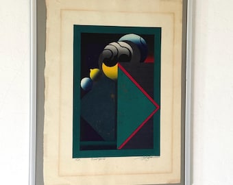 1972 Original Akira Kurosaki "Skorpionen" Signerad Färgträsnitt Japansk Modern Abstrakt Stjärnteckenskonst Inramad Silvermetall Inramad