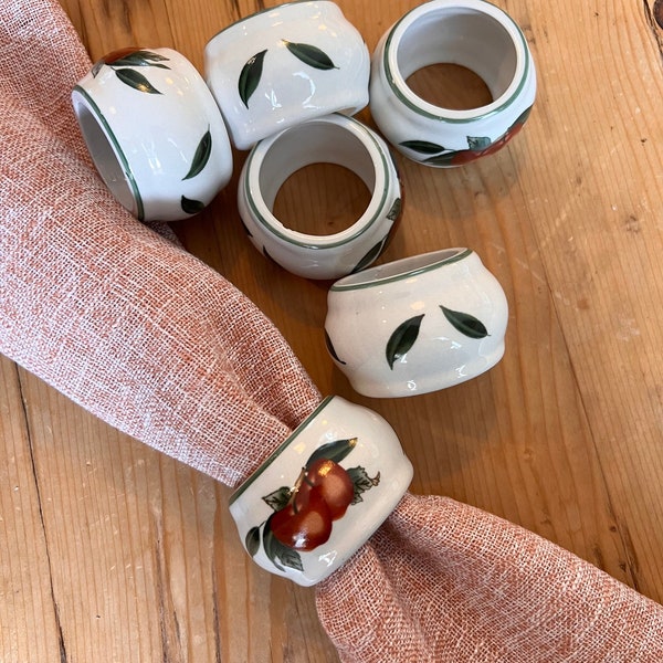 Set 6 Vintage Ceramic Napkin Rings, Cades Creek Pattern by Wsp. Red Apples, Green Leaves, Lattice & Trim 1 3/8” White with Green Stripe