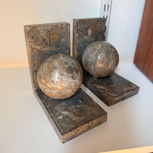 Vintage Marble Stone Bookends Neutral Modernist Marble Bookends, Antique Marble Shelf Home Decor Modernist Art Deco Ball Style Shelf Decor