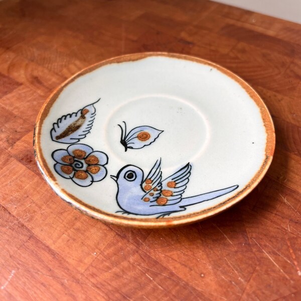 Vintage Small 5” KEN EDWARDS Tonala El Palomar signed Mexico Butterflies Bird Flowers Stoneware Beautiful Heavy Quality Pottery Saucer Dish