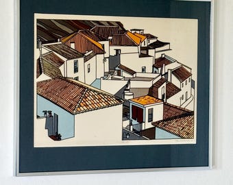 1975 Stan Beckman "Mijas" Serigrafía firmada Original Gran Marco de metal cromado plateado Arte enmarcado España Arquitectura Urbana Vintage Serigrafía
