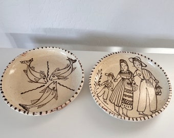 Vintage Original Michoacan Tzintzuntzan Mexican Folk Art Pottery 8.25” Bowls, Raised Plate Fish Stoneware, Handpainted Ceramic Decorative