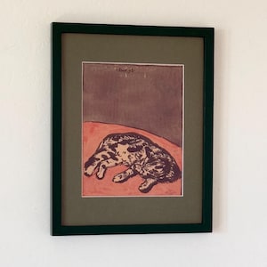 1865 "Cat" by Georges Lemmen Dark Green Frame Monochrome Green Art Mat Giclee Fine Art Print Illustration Calico Cat Red Green Calico Art