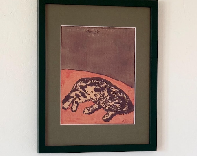 1865 "Cat" by Georges Lemmen Dark Green Frame Monochrome Green Art Mat Giclee Fine Art Print Illustration Calico Cat Red Green Calico Art