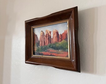 Original Desert Landscape Oil Painting, Signed Julie Frye, Original Artwork Wood Frame, Warm Earthtone Colors, Solid Scalloped Wood Frame